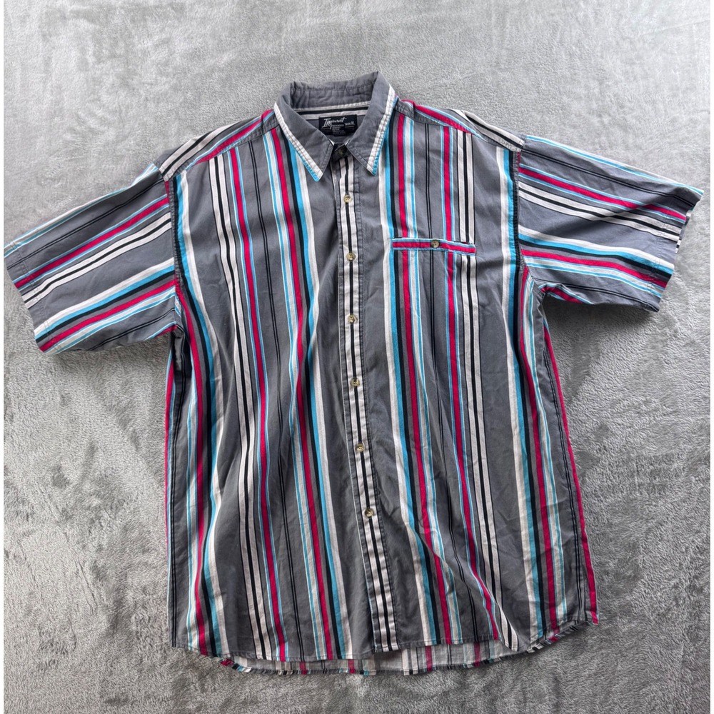 Impact Mens Vertical Stripe Button Up Shirt‎ XL Gray Retro Y2K Short Sleeve